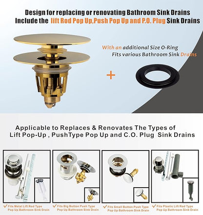 Universal Bathroom Sink Drain Stopper, Fits Most Pop-Up Drains for Vessel Sink Lavatory Vanity, Sink Drain Strainer with Detachable Hair Catcher, Tested by Plumber in US (Polished Brass)