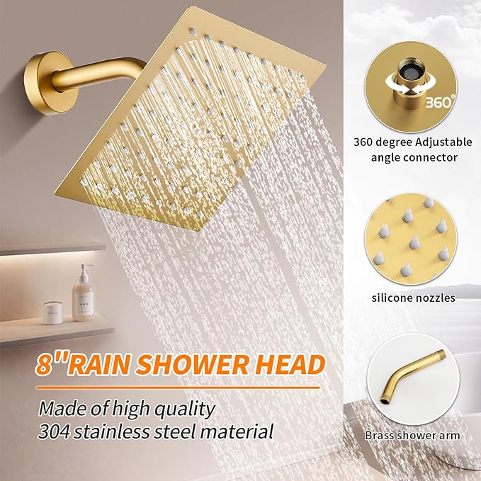 Brushed Gold Tub Shower Faucet Set Complete with 8-Inch Rainfall Shower Head and Tub Spout Included Shower Valve Tub Shower Trim Kit Matte Black