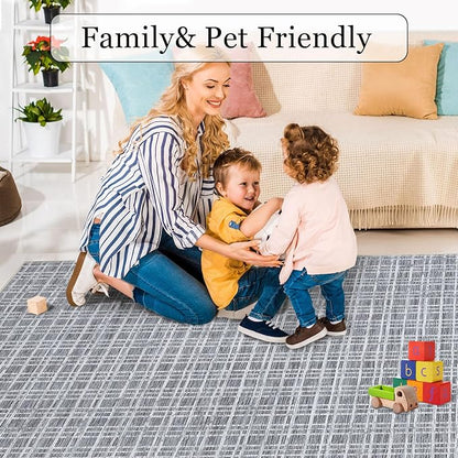 Large Area Rug 10x13 Rug for Living Room Modern Grey Grid Washable Bedroom Rug Farmhouse Non Slip Throw Rugs Soft Low Pile Stain Resistant Carpet for Dining Room Department 10'x13'