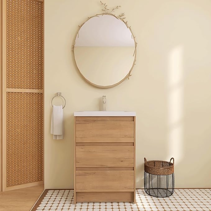 24" Bathroom Vanity with Sink, 24 Inch Freestanding Vanity with 3 Drawers, Single Resin Sink Floor Stand Cabinet Set Imitative Oak (Space-Saving for Small Bathrooms)