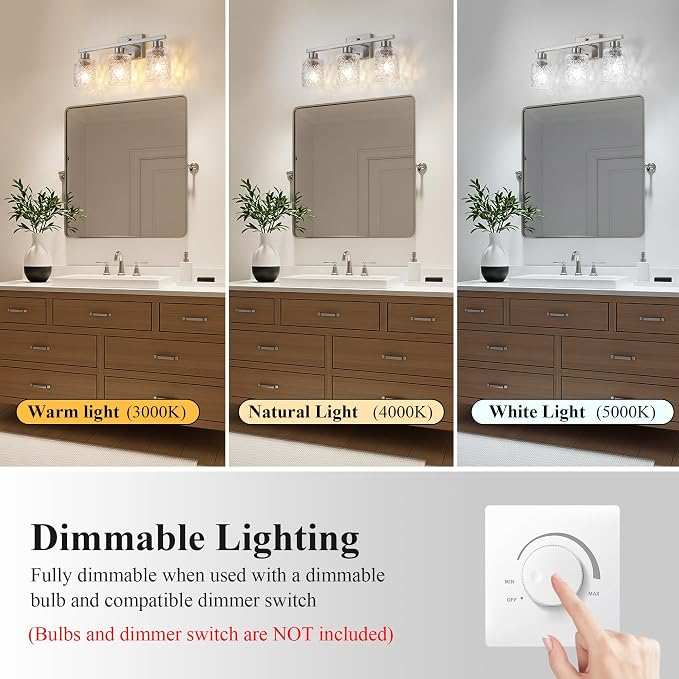 Mecgirn Stainless Steel Bathroom Vanity Light Over Mirror, 3 Light Brushed Nickel Bathroom Light Fixtures with Textured Glass Shades, Ceramic E26 Sockets Wall Mounted