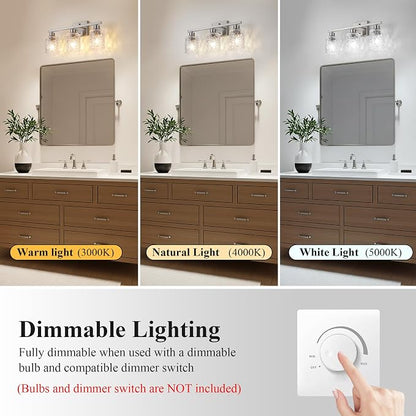 Mecgirn Stainless Steel Bathroom Vanity Light Over Mirror, 3 Light Brushed Nickel Bathroom Light Fixtures with Textured Glass Shades, Ceramic E26 Sockets Wall Mounted