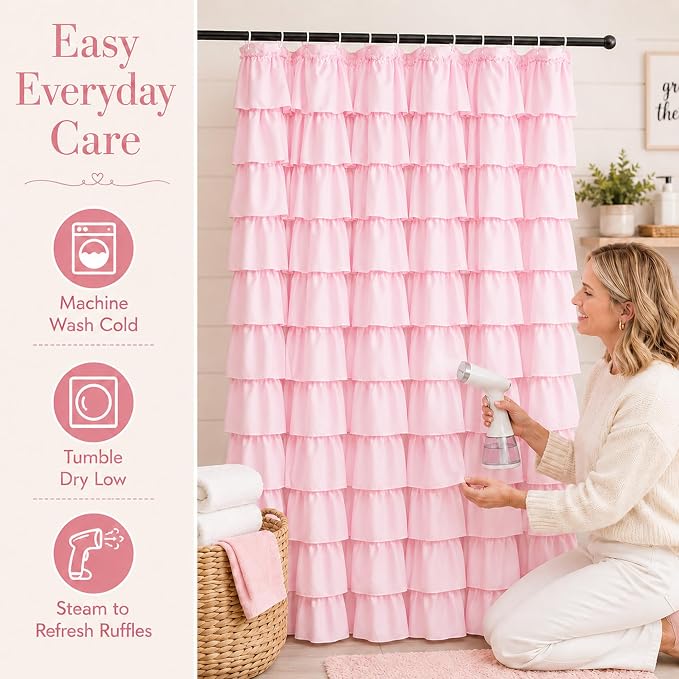 Pink Ruffle Shower Curtain for Master Bathroom, 72 x 84, Ruffled Layered | Romantic Feminine Aesthetic, Extra-long 72x84, 12 Hooks Included, Machine Washable, Cascading Ruffle Tiers, Soft Microfiber