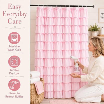 Pink Ruffle Shower Curtain for Master Bathroom, 72 x 84, Ruffled Layered | Romantic Feminine Aesthetic, Extra-long 72x84, 12 Hooks Included, Machine Washable, Cascading Ruffle Tiers, Soft Microfiber