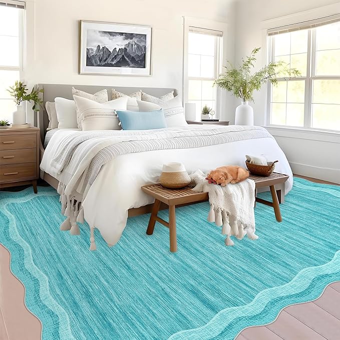 Garvee Scalloped Rug 10x13 Washable Area Rug for Living Room Teal | Rugs for Living Room, Non-Slip Soft Carpet for Bedroom, Scalloped Low-Pile Solid Rug Accent Rug for Dining Room Home Office