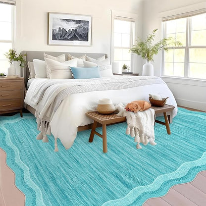 Garvee Scalloped Rug 10x13 Washable Area Rug for Living Room Teal | Rugs for Living Room, Non-Slip Soft Carpet for Bedroom, Scalloped Low-Pile Solid Rug Accent Rug for Dining Room Home Office