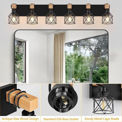 FadimiKoo 6-Light Bathroom Vanity Light, Bathroom Wall Lamps Over Mirror | Rustic Wood & Black Metal Shade, Wood Black Vanity Lights Over Mirror, Wall Sconces for Bathroom Bedroom Living Room