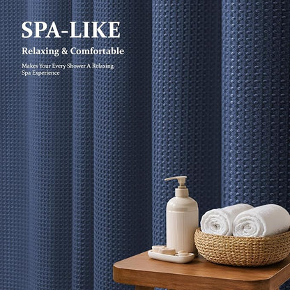 Stall Waffle Shower Curtain 256 GSM Heavy Fabric 54x72 Navy Blue | 54 Inch Wide, Thick Cloth, Weighted Hem, Water Repellent, Hotel Luxury Polyester Shower Curtain Set for Bathroom 10 Hooks