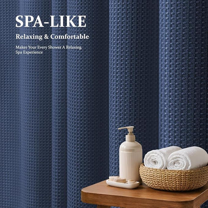 Extra Wide Waffle Shower Curtain 256 GSM Fabric 180x72 Navy Blue | 180 Inch Wide, Thick Cloth, Weighted Hem, Water Repellent, Hotel Luxury Polyester Shower Curtain Set for Bathroom 32 Hooks