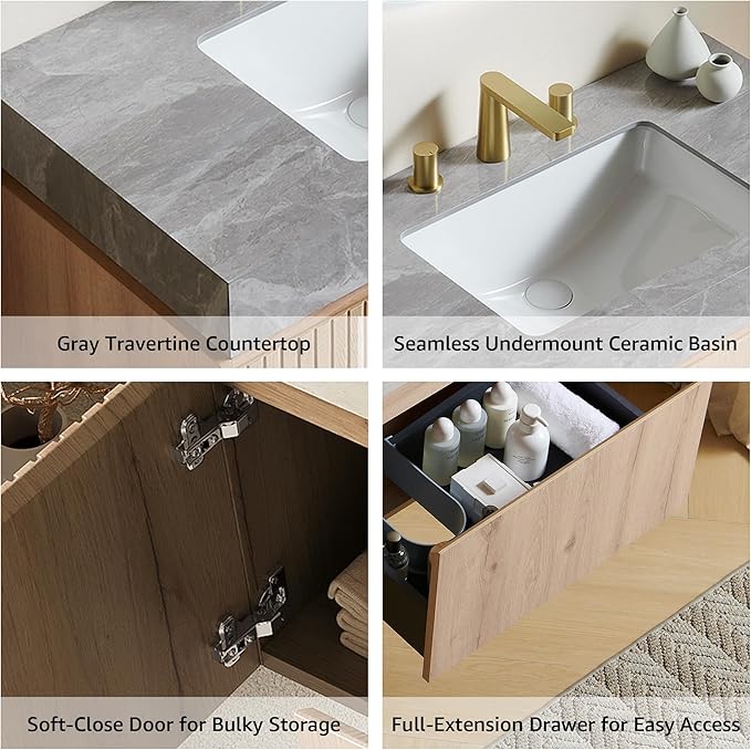 30” Floating Bathroom Vanity with Sink, Wall-Mounted Cabinet with Drawer & Doors, Gray Travertine-Pattern Sintered Stone Top, Undermount Basin, 3 Faucet Hole, Soft-Close, Pre-Assembled, Light Oak