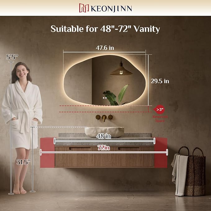Keonjinn Irregular Bathroom Mirror with Lights 48" x 30", Tempered Glass | Asymmetrical Backlit Bathroom Mirror, Stepless Dimmable with 3 Colors, Fast Defogging, Memory Function, Plug-in/Hardwired