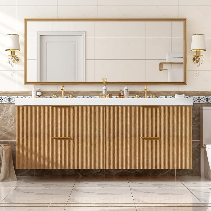 60 in Floating Bathroom Vanity with Double Sink Bathroom Vanity with Soft-Closing,Modern Fluted Bathroom Sink Cabinet,Wall-Mounted (Wood w/4 Drawers,59.3 Inch)