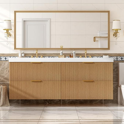 60 in Floating Bathroom Vanity with Double Sink Bathroom Vanity with Soft-Closing,Modern Fluted Bathroom Sink Cabinet,Wall-Mounted (Wood w/4 Drawers,59.3 Inch)