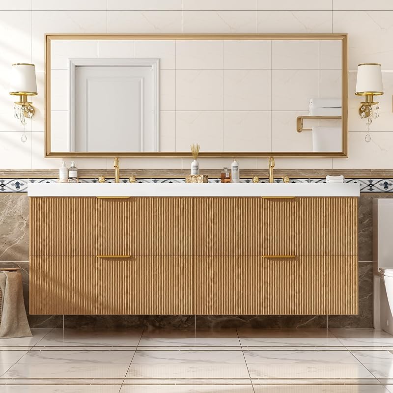 60 Inch Natural Color Floating Double Sink Bathroom Vanity with SMC Countertop and 4 Divided Drawers for Medium or Large Bathroom Room, Painted MDF Cabinet, Wall-Mounted