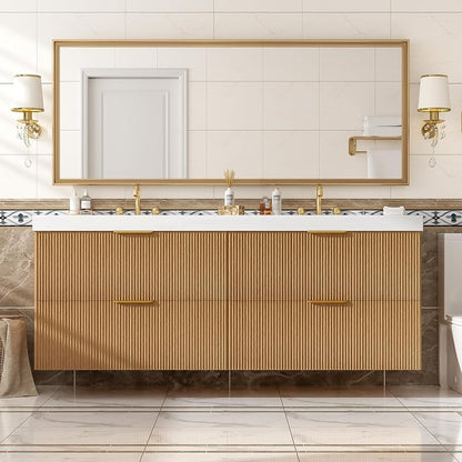 60 Inch Natural Color Floating Double Sink Bathroom Vanity with SMC Countertop and 4 Divided Drawers for Medium or Large Bathroom Room, Painted MDF Cabinet, Wall-Mounted
