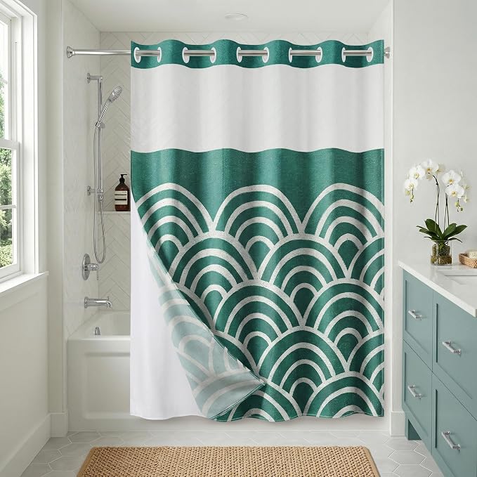 Americanflat 72x75 Hookless Shower Curtain - Water-Resistant Wave Pattern Shower Curtain with Sheer Panel, Snap-in Liner, and Durable Grommets - 100% Polyester - Teal and White