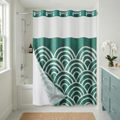 Americanflat 72x75 Hookless Shower Curtain - Water-Resistant Wave Pattern Shower Curtain with Sheer Panel, Snap-in Liner, and Durable Grommets - 100% Polyester - Teal and White