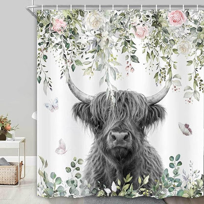 Highland Cow Shower Curtain, Floral Eucalyptus & Butterfly Farmhouse Bathroom Decor, Waterproof Washable Polyester Fabric, Shower Curtains Set with Hooks, 72X72inch