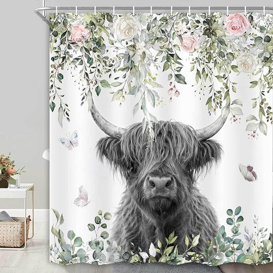 Highland Cow Shower Curtain, Floral Eucalyptus & Butterfly Farmhouse Bathroom Decor, Waterproof Washable Polyester Fabric, Shower Curtains Set with Hooks, 72X72inch