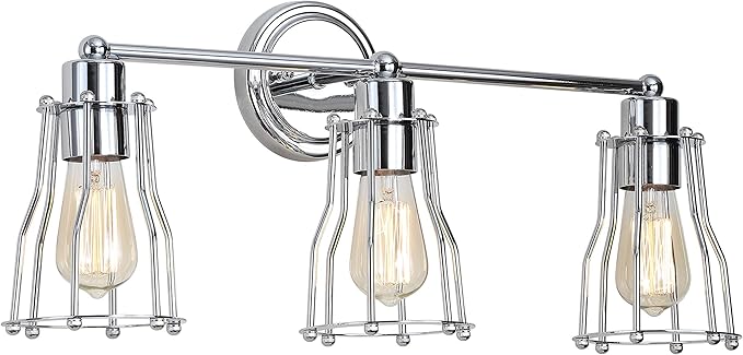 JONATHAN Y 24" Chrome Modern Industrial Metal Vanity Light, Bathroom Sconce for Mirror, Reversible 3-Light Wall Lamp with Metal Cage Shade for Hallway, LED Bulb Included (JYL7417A)