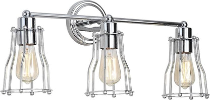 JONATHAN Y 24" Chrome Modern Industrial Metal Vanity Light, Bathroom Sconce for Mirror, Reversible 3-Light Wall Lamp with Metal Cage Shade for Hallway, LED Bulb Included (JYL7417A)