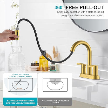 KENES Brushed Gold Centerset Bathroom Faucet with Pull Out Sprayer, 4 Inch 2 Handle Pull Down Bathroom Faucet 3 Hole, Bathroom Sink Faucet with Pop Up Drain & Supply Lines LJ-9069-4