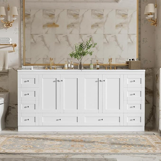 Harper & Bright Designs 72" Bathroom Vanity Set with Double Sink, Vanity Cabinet with 4 Cabinet Doors and 8 Drawers, Modern Design Solid Wood Bathroom Cabinet with Ceramic Basin for Bathroom, White