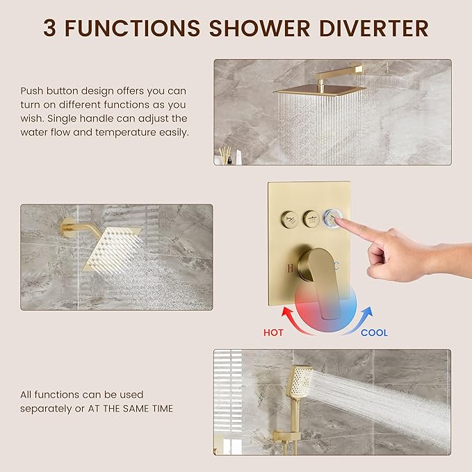MONDAWE 12 Inch Wall Mounted Brushed Gold Shower System, 3-Function Shower Faucet Set with Rainfall Dual Shower Head and High Pressure 4-Setting Handheld, All Functions Can be Used At the Same Time