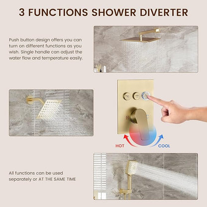 MONDAWE 12 Inch Wall Mounted Brushed Gold Shower System, 3-Function Shower Faucet Set with Rainfall Dual Shower Head and High Pressure 4-Setting Handheld, All Functions Can be Used At the Same Time
