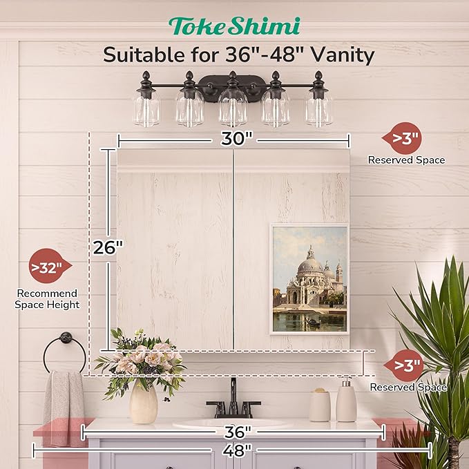 30 x 26 Surface Mount Medicine Cabinet Mirror for Bathroom Black, Aluminum Recessed Medicine Cabinet Mirror with Storage with Stepless Adjustable Shelves Modern Farmhouse