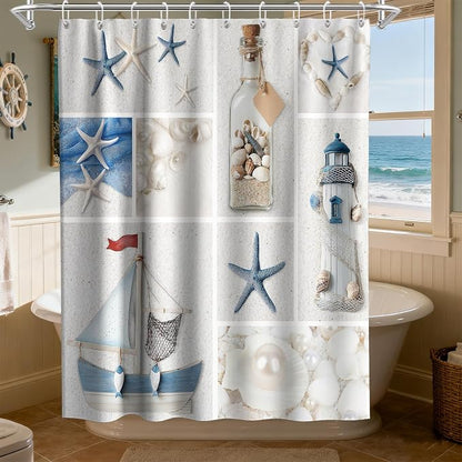 White Beach Shower Curtain Ocean Coastal Nautical Theme Fabric Modern Summer Seashell Bathroom Decor Sets with Grommets and Hooks 60W x 72H Blue