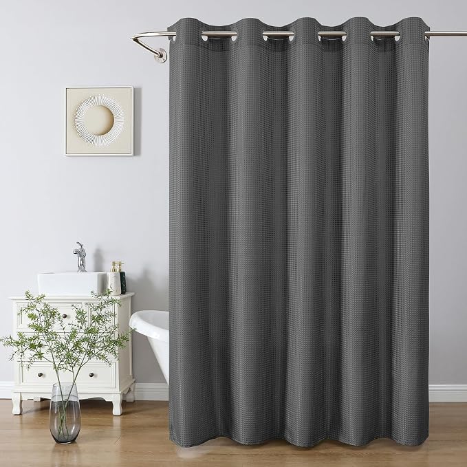 No Hook Waffle Shower Curtain, No Liner Needed, 71x74 Inch, Charcoal Grey | 100% waterproof TPU-laminated backing, magnetic weighted hem, machine washable, shower curtain set for bathroom or hotel use