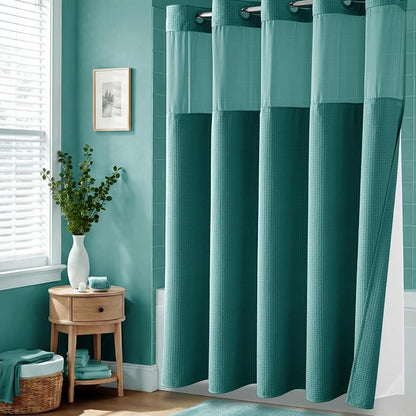 Seaweed Green Hook Free Waffle Shower Curtain & Snap Liner,72x99 | Less Time to install, 3 in 1 Fabric Shower Curtain and Liner Set with Magnets, Extra Long, Shower Curtains for Bathroom