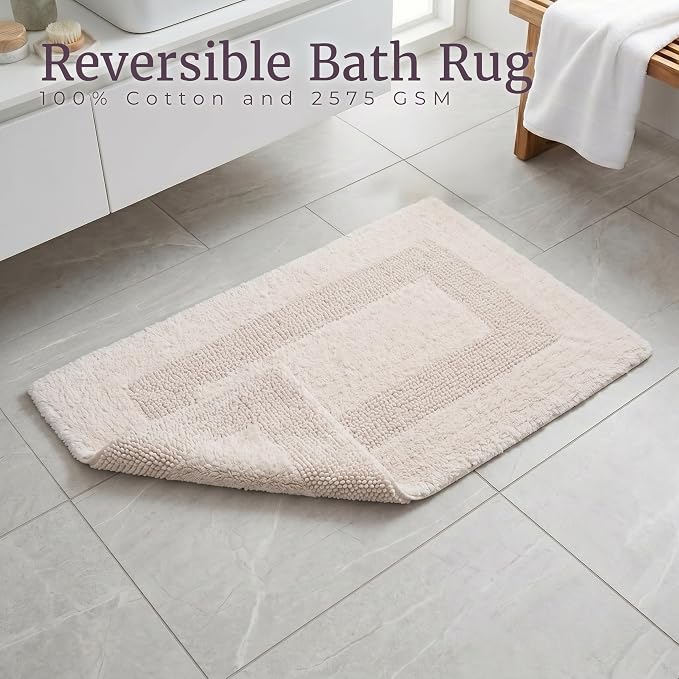 Bedford Home Bathroom Rugs Set (67A-01677) - 2-Piece Cotton Bathroom Mat Set, Machine Washable Standard & Large Bath Mats for Washroom, Kitchen, or Laundry Room (Ivory)