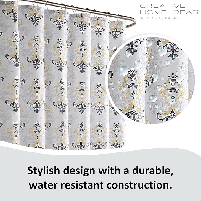 15-Piece Bathroom Shower Curtain Set – Set of 1 Shower Curtain & 12 Metal Hooks & 1 Bath Mat & 1 Contour Mat, Modern Bathroom Décor, Machine Washable, Cameron Yellow/Grey/White