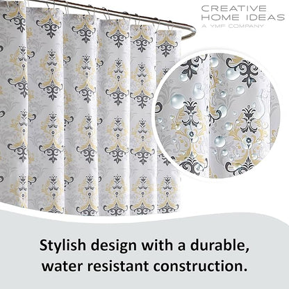 15-Piece Bathroom Shower Curtain Set – Set of 1 Shower Curtain & 12 Metal Hooks & 1 Bath Mat & 1 Contour Mat, Modern Bathroom Décor, Machine Washable, Cameron Yellow/Grey/White