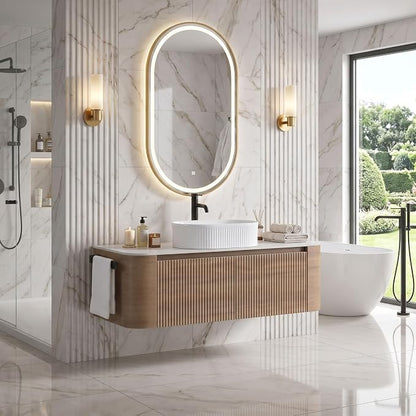 48" Preassembled Floating Bathroom Vanity with White Sink, Oak | Mid-Century Modern Style, Fluted & Soft-Close Drawer with U-shaped Wall, Sinterted Stone Countertop, Towel Rack Included