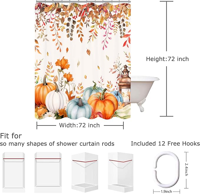 Fall Shower Curtain Set Autumn Pumpkin Eucalyptus Leaves Shower Curtains Rustic Waterproof Fabric Bath Curtains with 12 Hooks for Fall Home Bathroom Decor, 72 x 72 Inches