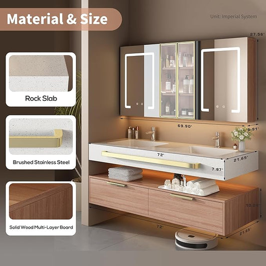 72-Inch Double Sink Vanity with Medicine Cabinet, Mirror Defogger, Wall Mounted Touch Dimming Floating Storage