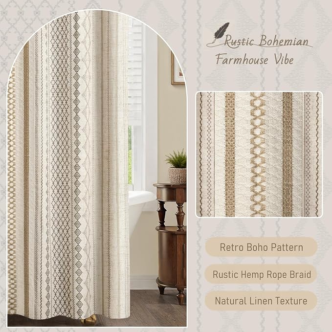 Natural Linen Boho Shower Curtain,72" W x 84" L | Linen Striped Print and Twine-Inspired Woven Center for Bathroom