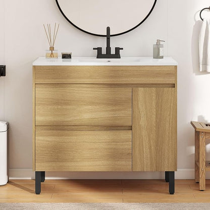 YITAHOME 36 Inch Bathroom Vanity with Sink | Bathroom Cabinet Vanity, Freestanding Storage Bathroom Vanity with 1 Soft Closing Cabinet & 2 Drawers, Natural Brown