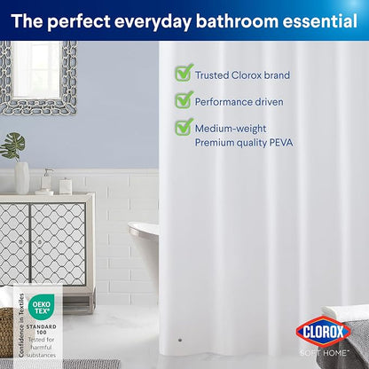 Clorox Shower Curtain Liner, Premium Medium-Weight Flexible Waterproof 6g PEVA for Bathroom with Weighted Magnets, Standard Size 72" x 72", White 1 Pack