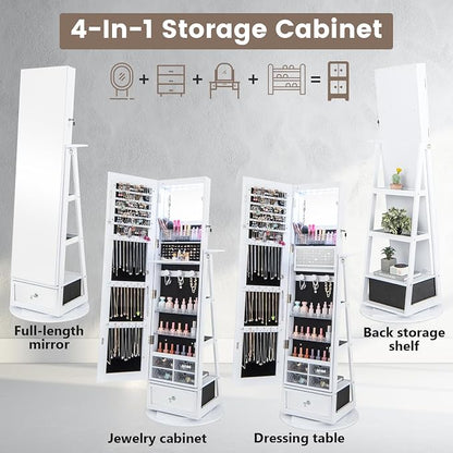GOFLAME 360° Rotating Jewelry Cabinet with Full Length Mirror, Standing LED Mirror Jewelry Armoire, Lockable Jewelry Organizer with Hair Dryer Rack, Back Storage Shelves, Inner Makeup Mirror, White