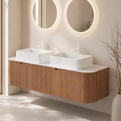 60 Inch Double Sink Bathroom Vanity, Floating Wall Mounted Cabinet, Natural Woodgrain Curved Fluted Front, Stone Top, Dual White Textured Rectangular Vessel Basins, Pre-Assembled