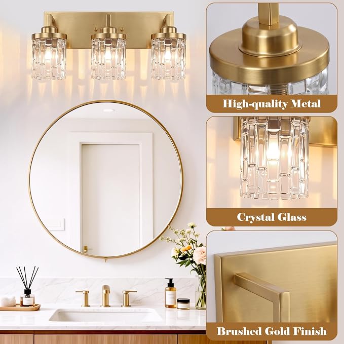 maesta Gold Bathroom Light Fixture,3 Light Modern Vanity Light Over Mirror | Modern Vanity Light, Gold Metal & Crystal Glass Fixture, Anti-Rust, Easy to Install for Bathroom Hallway Bedroom Entryway