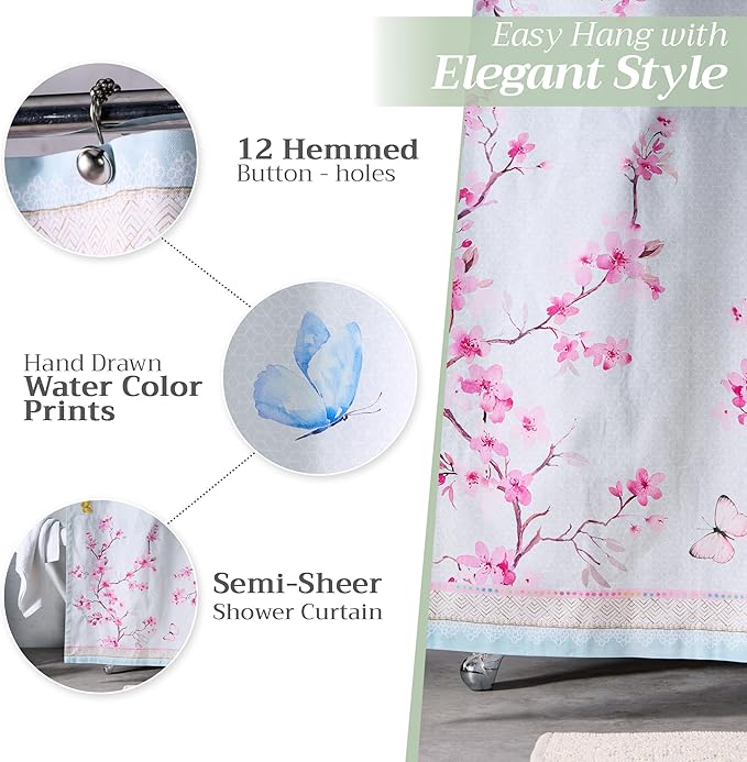 Maison d' Hermine Shower Curtain 100% Cotton One Panel 70"x72" Washable Fabric Shower Curtains for Bathroom, Easy Hanging with 12 Button Holes - Home Hotel Spa Easter Gifts(Blossoms in Spring)