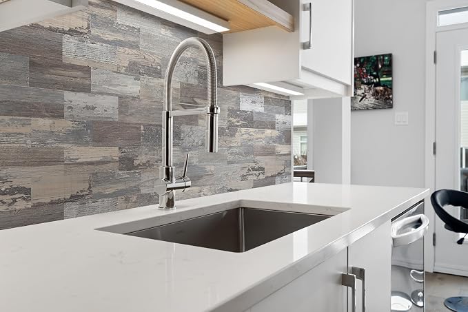 Yipscazo Peel and Stick backsplash 3 x 6 Inches 3D PVC Backsplash Wall Tile, Stick on Backsplash Tile for Kitchen Bathroom, Laundry Room, Fireplace(Light Wood, 32 Pieces)