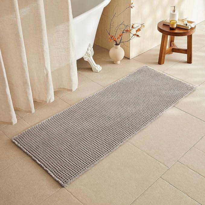 TYUU Waffle Runner Rug Bathroom, Long Boho Bath Mat, 60x24 Light Grey | Super Absorbent Quick Dry Bath Rug, Non-Slip Backing, Soft Waffle Washable Farmhouse Bathroom Mats, Tub, Shower & Home Decor