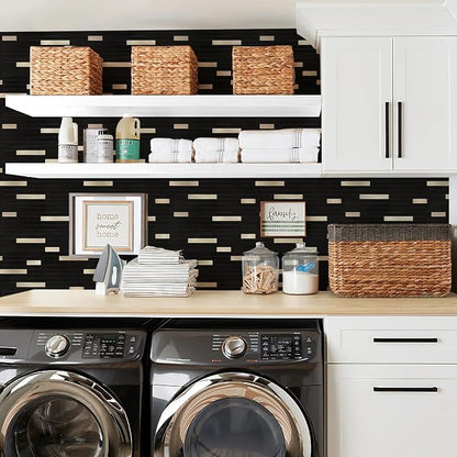 STICKGOO Peel and Stick Backsplash Tile, Stick on Backsplash for Kitchen and Bathroom, Black Mixed Gold Metal Composite Self Adhesive Wall Tiles(10 Sheets)