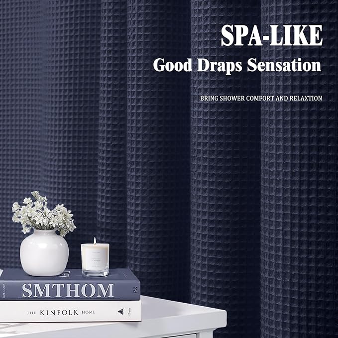 Extra Long Waffle Shower Curtain - Navy Blue Cotton Texture Fabric Heavyweight Shower Curtains for Bathroom,72Wx84L